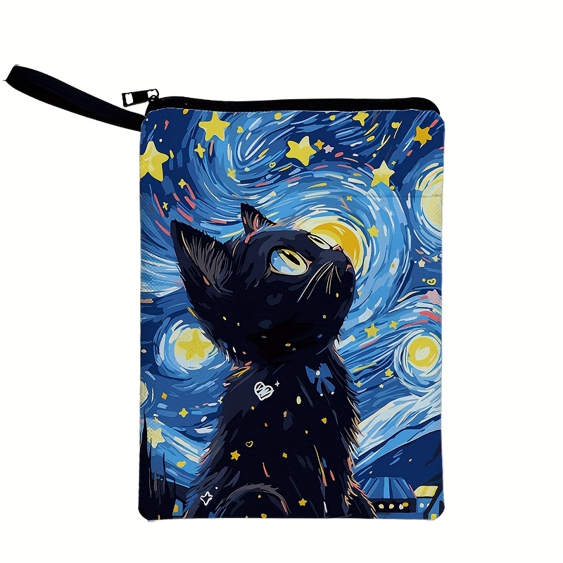E-shop Buchhülle mit Sternenkätzchen, mit Reißverschluss, Sternennacht- Design, farbenfroher und strapazierfähiger Stoff, Buchtaschen für Buchliebhaber
