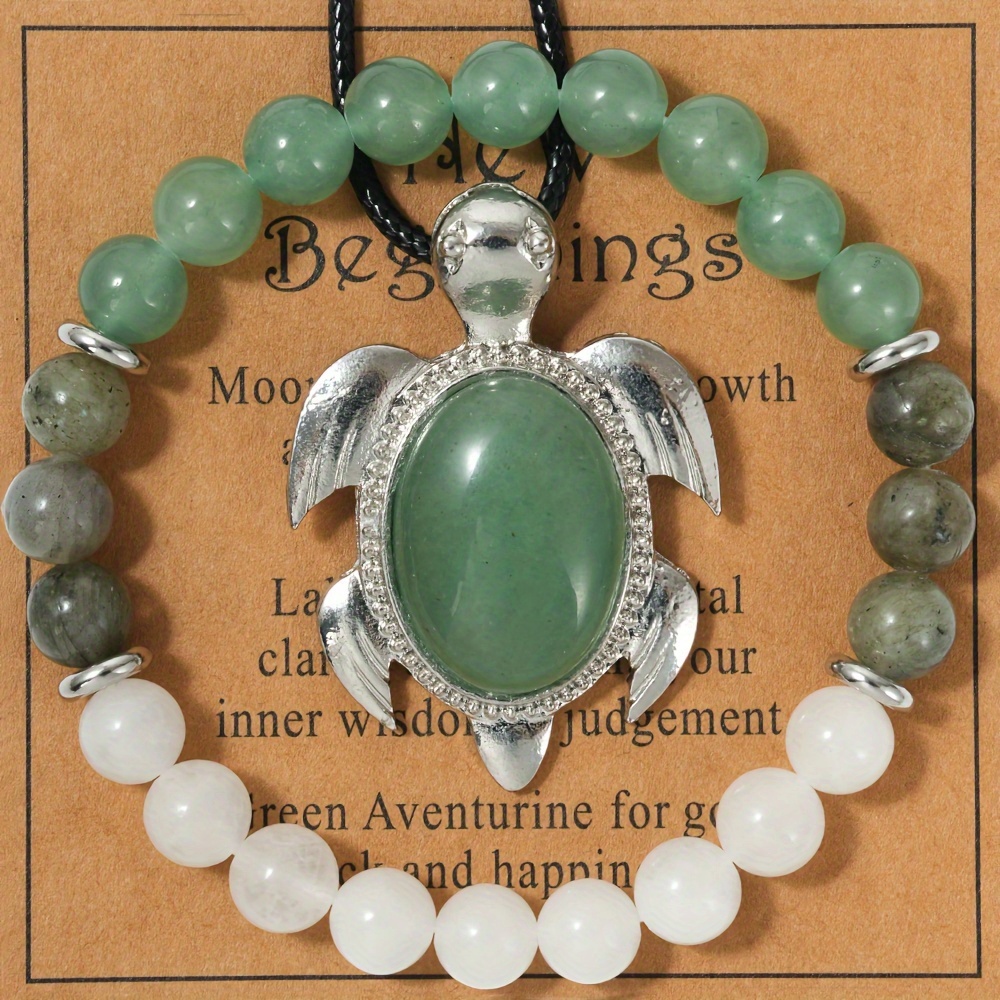 TEMU 2pcs/ Set Natural Stone Turtle Pendant Necklace And Crystal Bead Bracelet Jewelry Set For Women Men - Daily Wear & Gift Jewelry