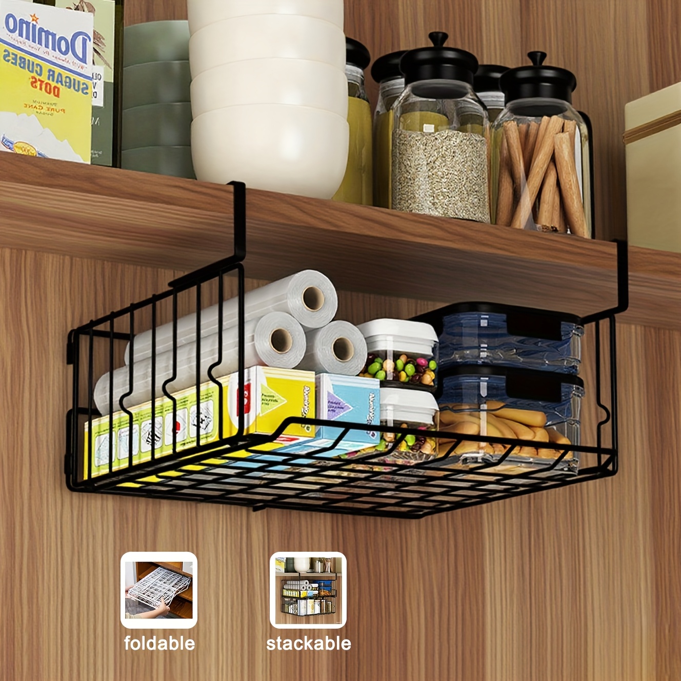 TEMU Hanging & Wall-mounted Foldable Storage Basket - Waterproof Rust-resistant Organizer For Kitchen, Laundry, Pantry, Desk & Under Cabinet Shelves - Collapsible Metal Black