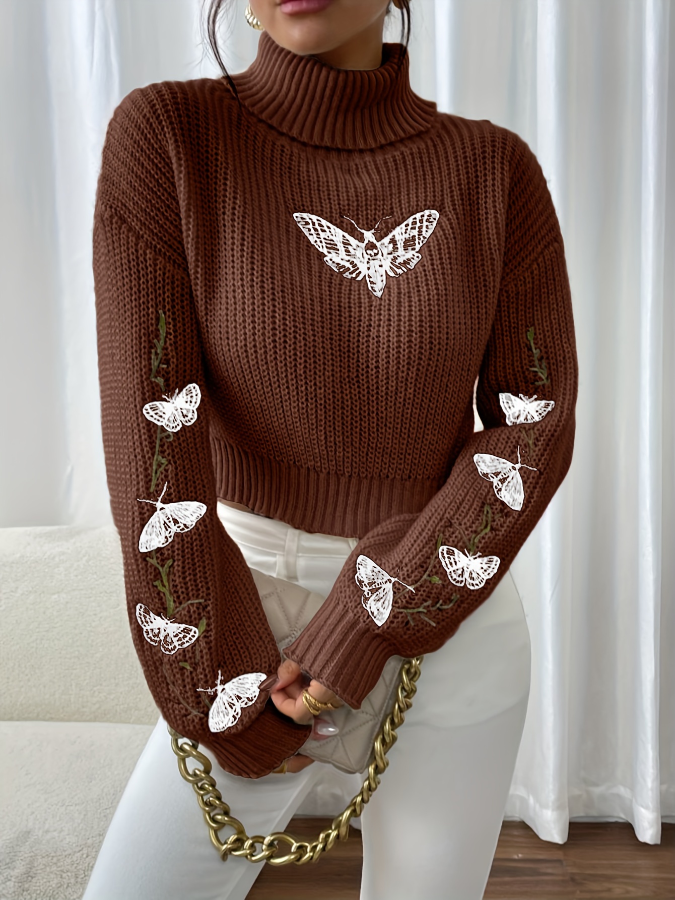 pull décontracté à col papillon pour femmes - pull rose à manches longues avec élasticité moyenne, haut confortable pour lautomne et lhiver, chandails de mode saisonnière, broderie délicate, couture de qualité, style féminin Détails du produit 10