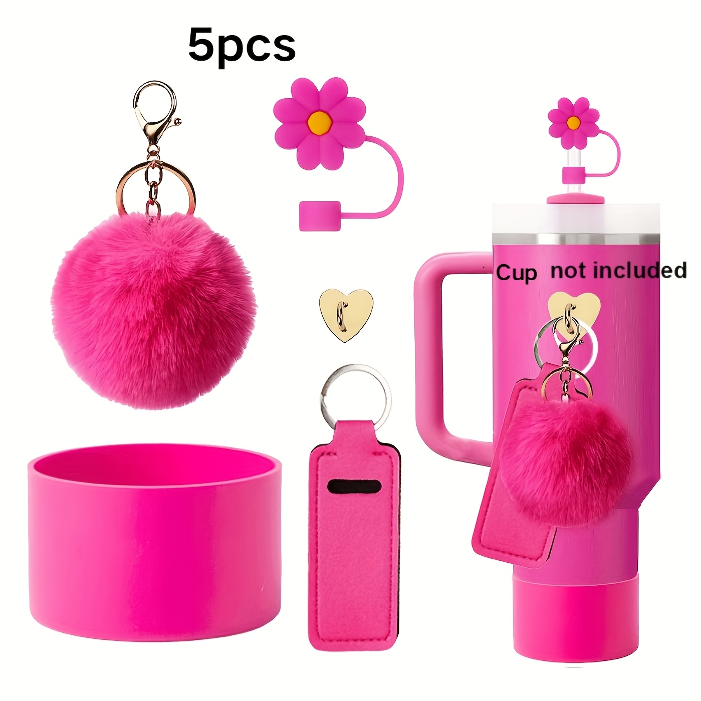 TEMU 5pcs Water Cup Accessory Set For 30oz 40oz Tumbler Cup, 1 Straw , 1 Lip Balm Pendant, 1 Silicone Water Cup Bottom Protector, 1 Ball Charm, 1