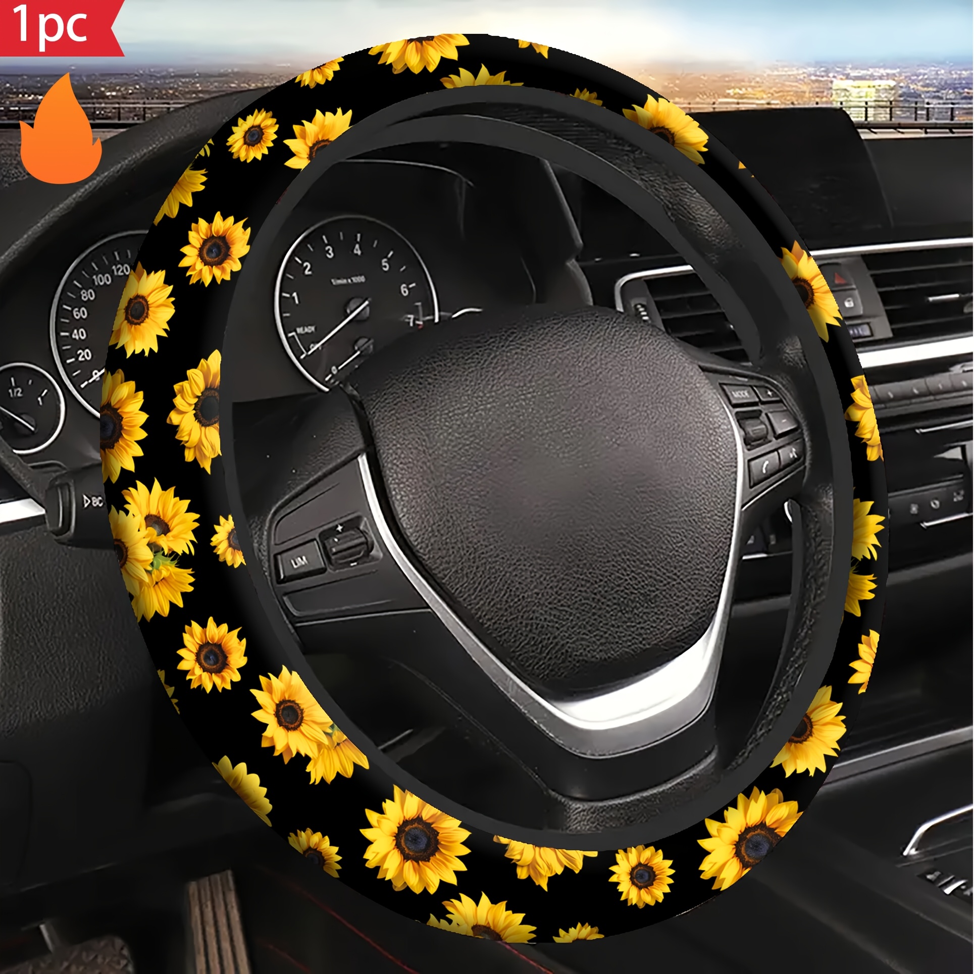 TEMU 1pc Niche Design Sunflower Steering Wheel Cover Personalized Printing Enhance Vehicle Atmosphere 15inch Anti-slip And Breathable Car Interior Decoration Additions