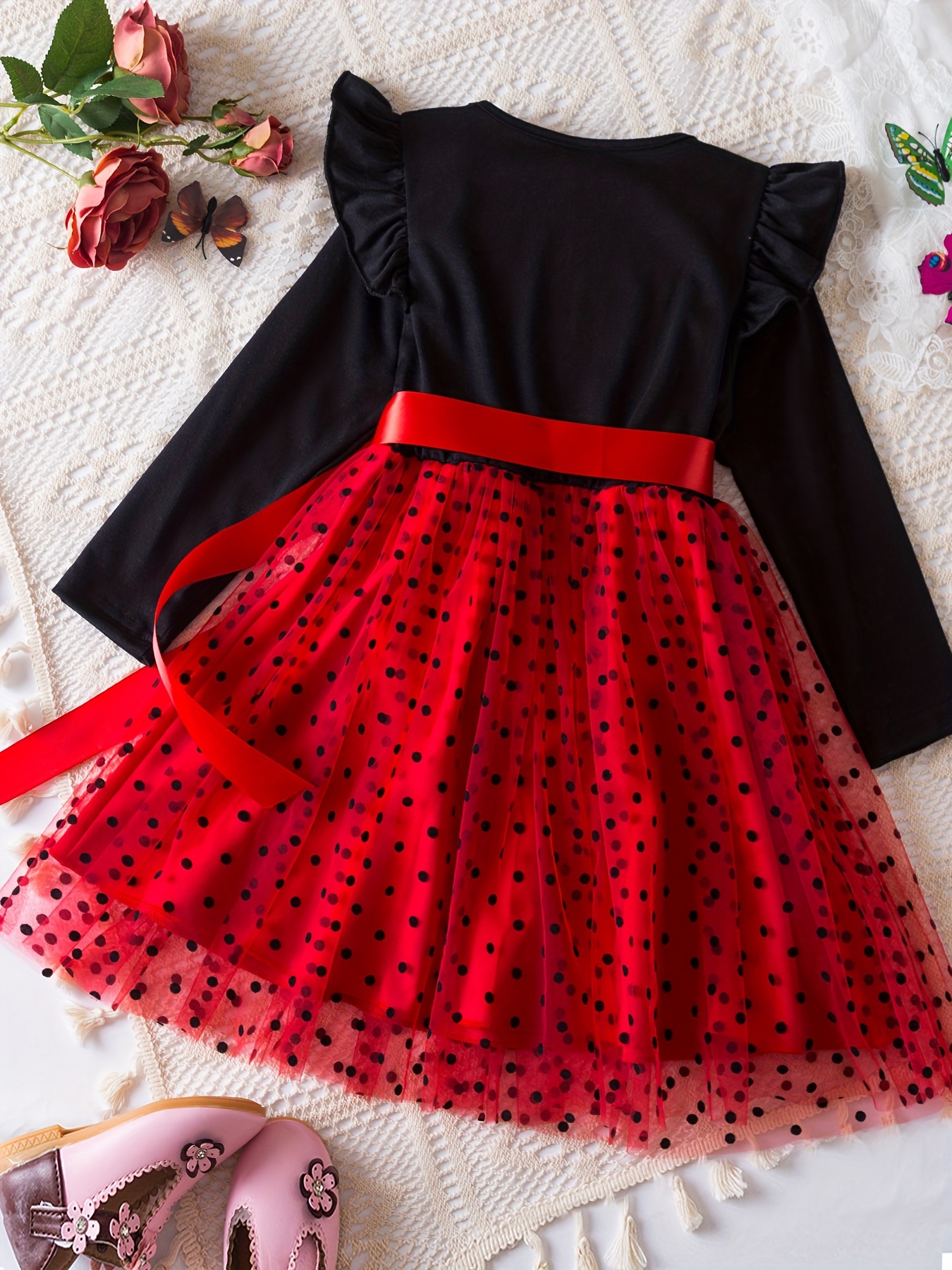 Elegant Girls' Long Sleeve Polka Dot Princess Dress with Hem Bow Detail  Black Red Tiered Skirt, Soft Tulle Autumn Dress for Kids, Casual to 