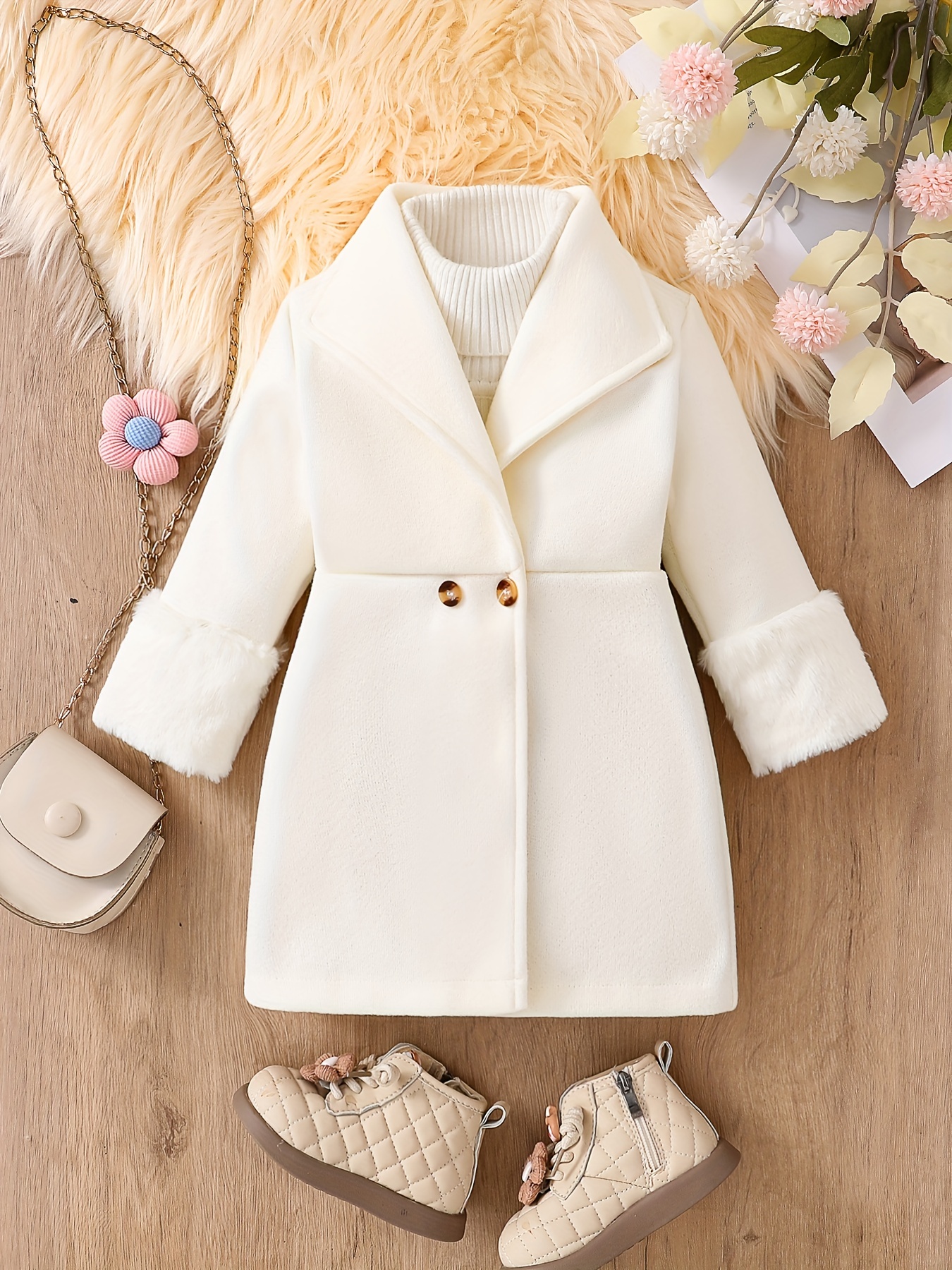 chic cozy girls' winter trench coat fur trim plush Temu Philippines