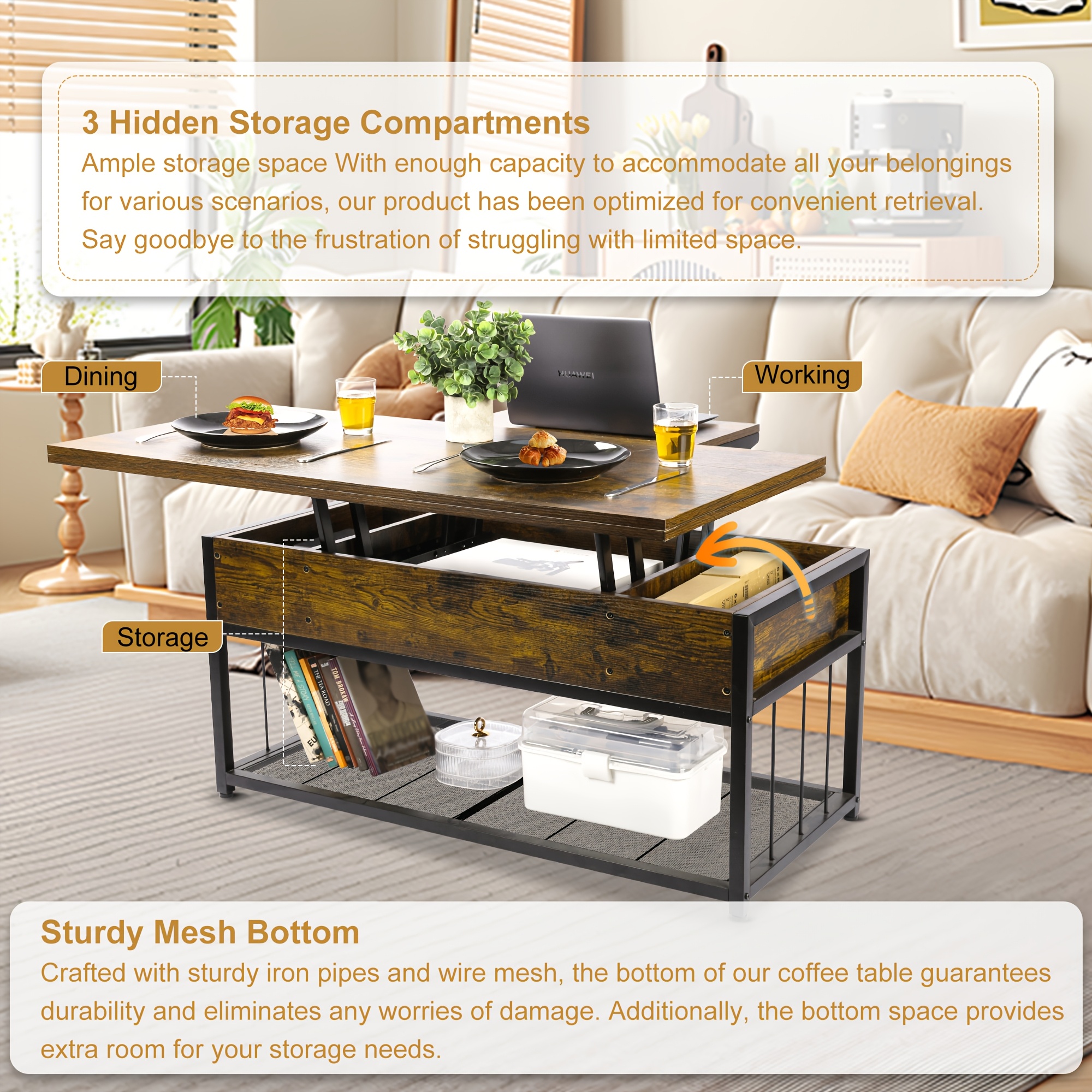 Lift Top Coffee Table with Hidden Storage, Industrial Wood And Metal Living Room Table with Open Shelf, Liftable Dining Coffee Table for Home Office