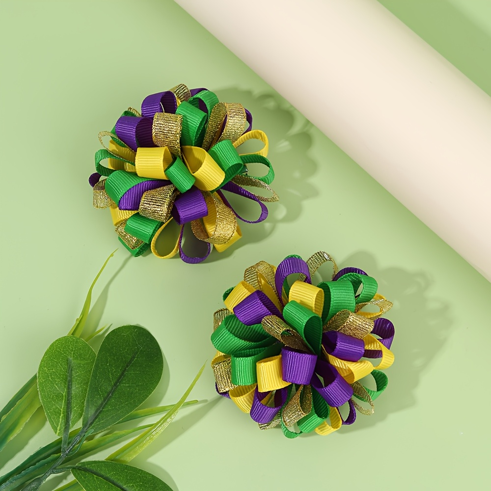 

2pcs Sparkly Mardi Gras Hair Clips For Girls - Vibrant Purple, Yellow & Green Ribbon Barrettes, Carnival & , 2.56" Accessory, Hair Clips, Fashion Accessory