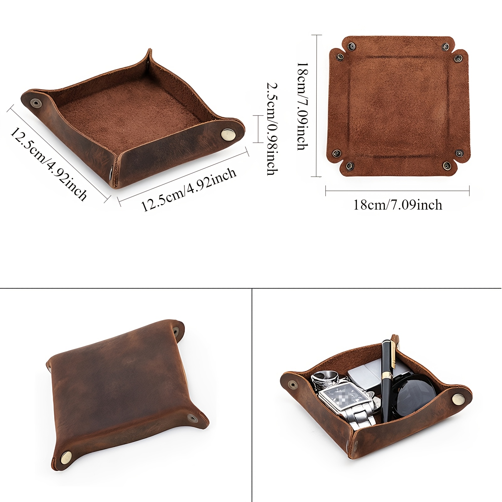 handcrafted   genuine leather square desktop organizer in deep brown featuring 4 snap closures and rounded corners this portable bedside desktop storage box serves as a versatile multi purpose organizer for keys wallets jewelry and small Product details 3