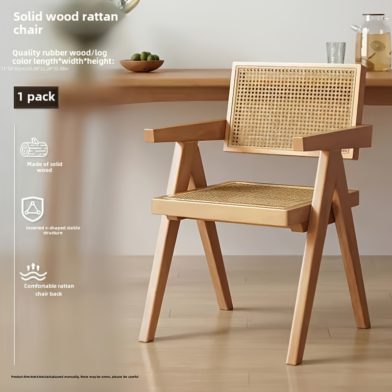1 Silla de Comedor de Madera Maciza, Estilo Hiroshima para Cafetería o Restaurante: Silla Minimalista con Respaldo Chino, Tejido de Ratán Galvanizado, Decoración Wabi-Sabi para Hogar u Oficina