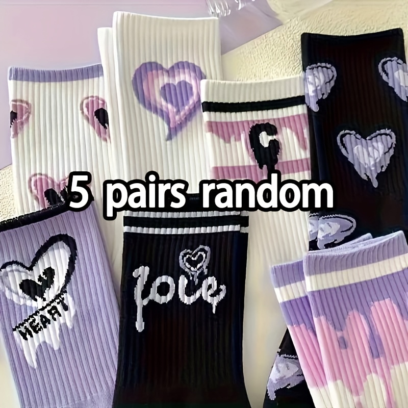 Image of 5/10/20 Pairs Random Fashionable And Versatile Purple Series Sports Socks, Trendy Letter Print Socks, Comfortable, Soft, And Breathable, 5 Pairs