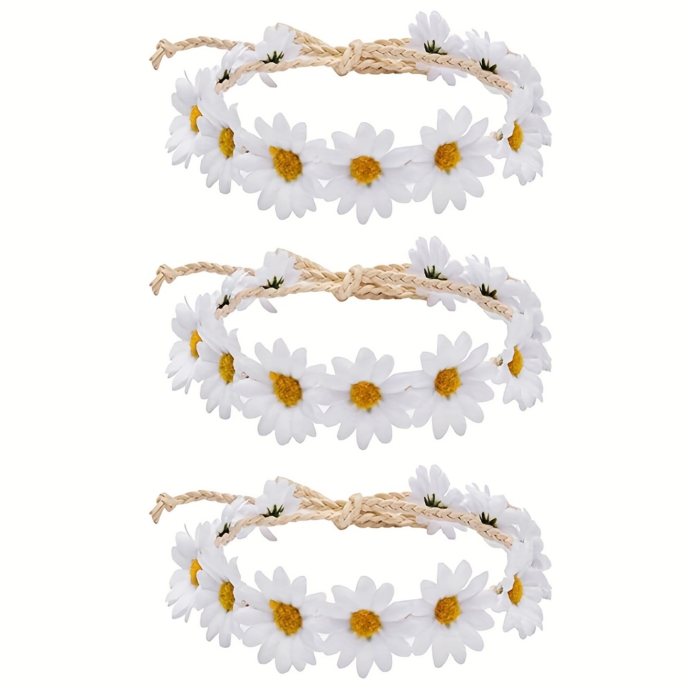 TEMU 3pcs Daisy Headbands Sunflower Wreaths Floral Autumn Bohemian Sunflower Crown Hippie Daisy Wreaths Adjustable Bridal Headwear For Weddings