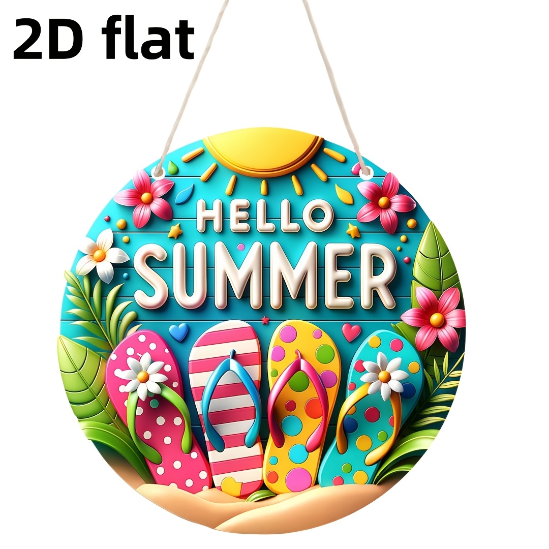 TEMU 2D Flat - 2D Holz-Türschild, Sommerkranz Dekoration, Strand Metallkranz Hänger, Tropischer Sommer Tür Dekorations-Schild, Haustür Ornament, Holz