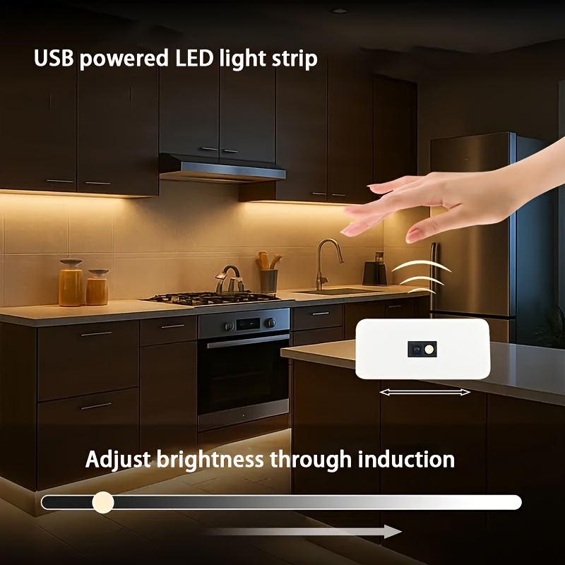 Tira de luces LED con sensor de movimiento, luz cálida/luz blanca, 5V, alimentada por USB, brillo ajustable, decoración inteligente para el hogar, flexible, fácil de instalar, adecuada para salas de estar, pasillos, gabinetes, decoración del hogar e iluminación de dormitorios
