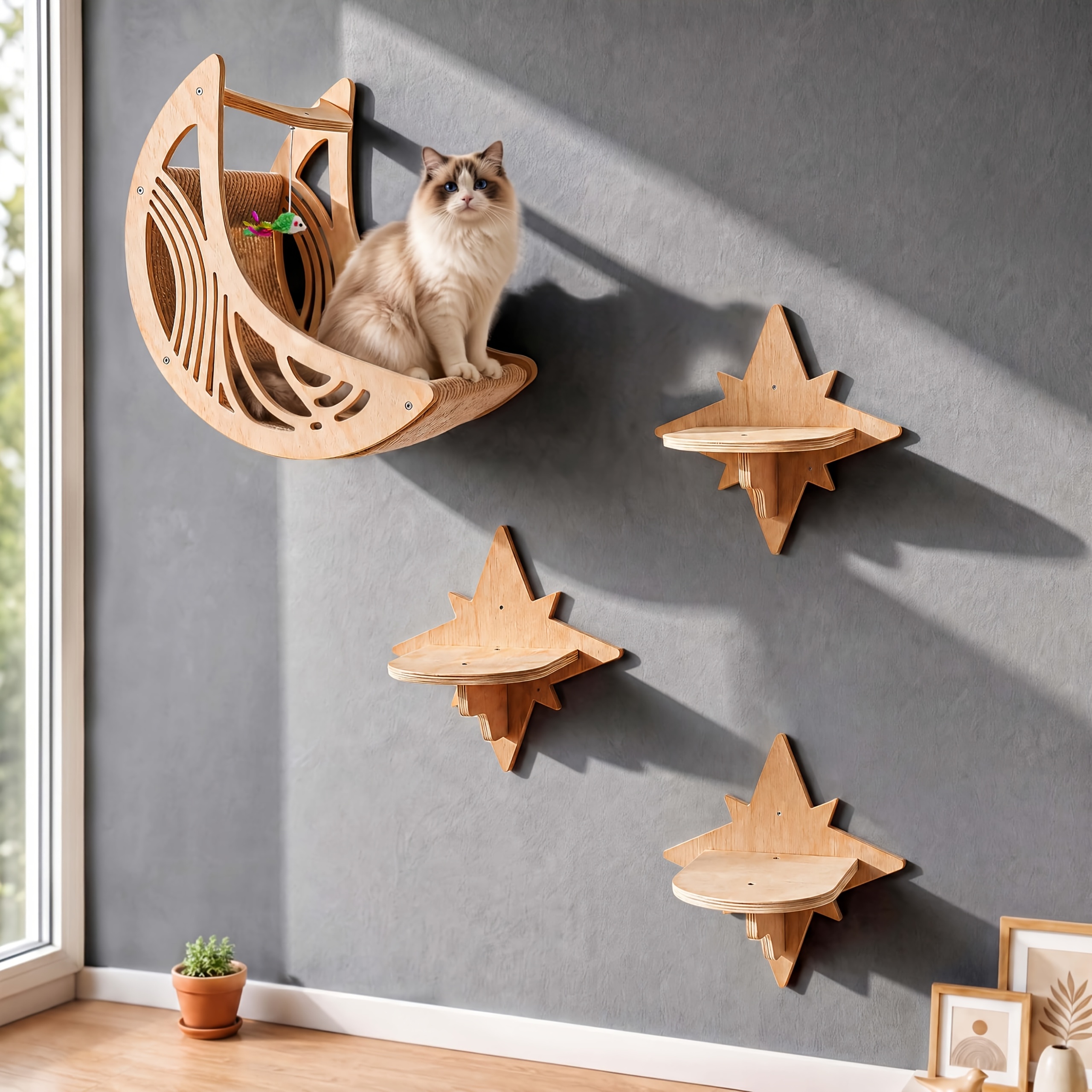 TEMU 4pcs Cat Bed Moon And Wall Shelves, Modern Wooden Cat Furniture With Decorative Cutouts, Space-saving Cat Climbing System And Floating Perch For