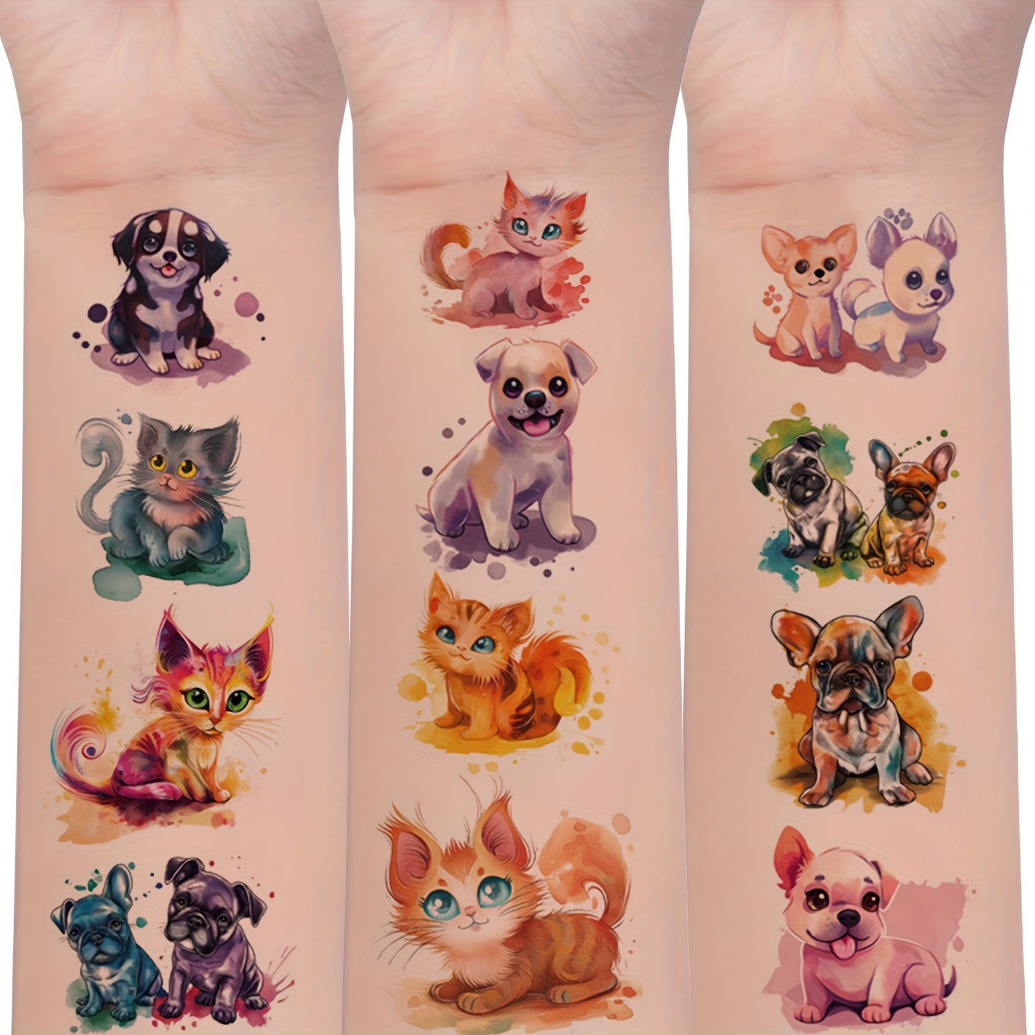 

10sheets (77 Patterns), Cartoon Anime Style Pet Dog Cat Elements Series Watercolor Patterns, Birthday Gift Fun Art Fake Tattoo Stickers, Waterproof Lasting For 2-5 Days