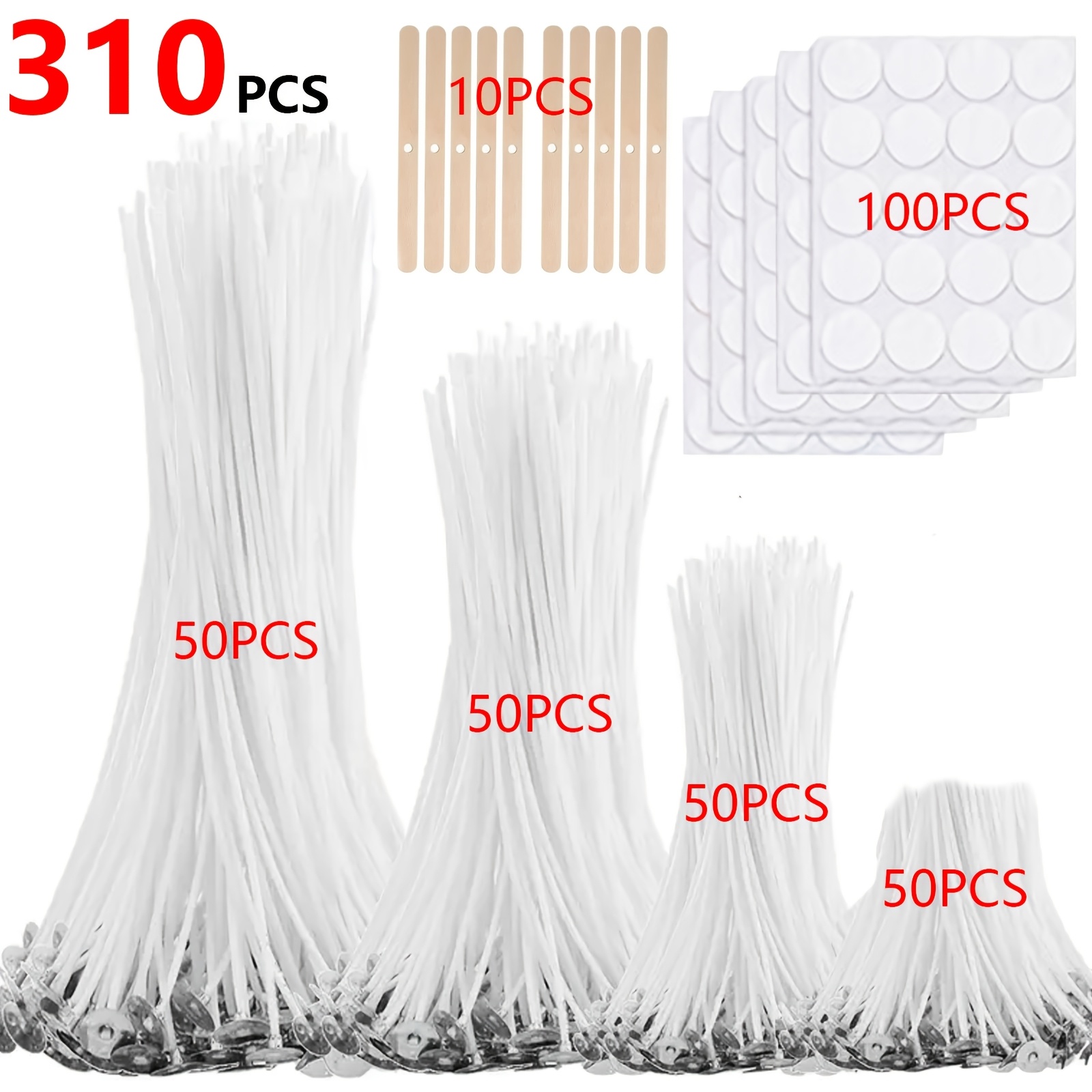 

310pcs Wick Set, 1 Inch/3.5 Inch/6 Inch/8 Inch (2.6cm/9cm/15cm/20cm) Wicks, 10 Wick Holders And Wick Label Stickers For Pillar Candles And Candle Diy, Without Black Smoke