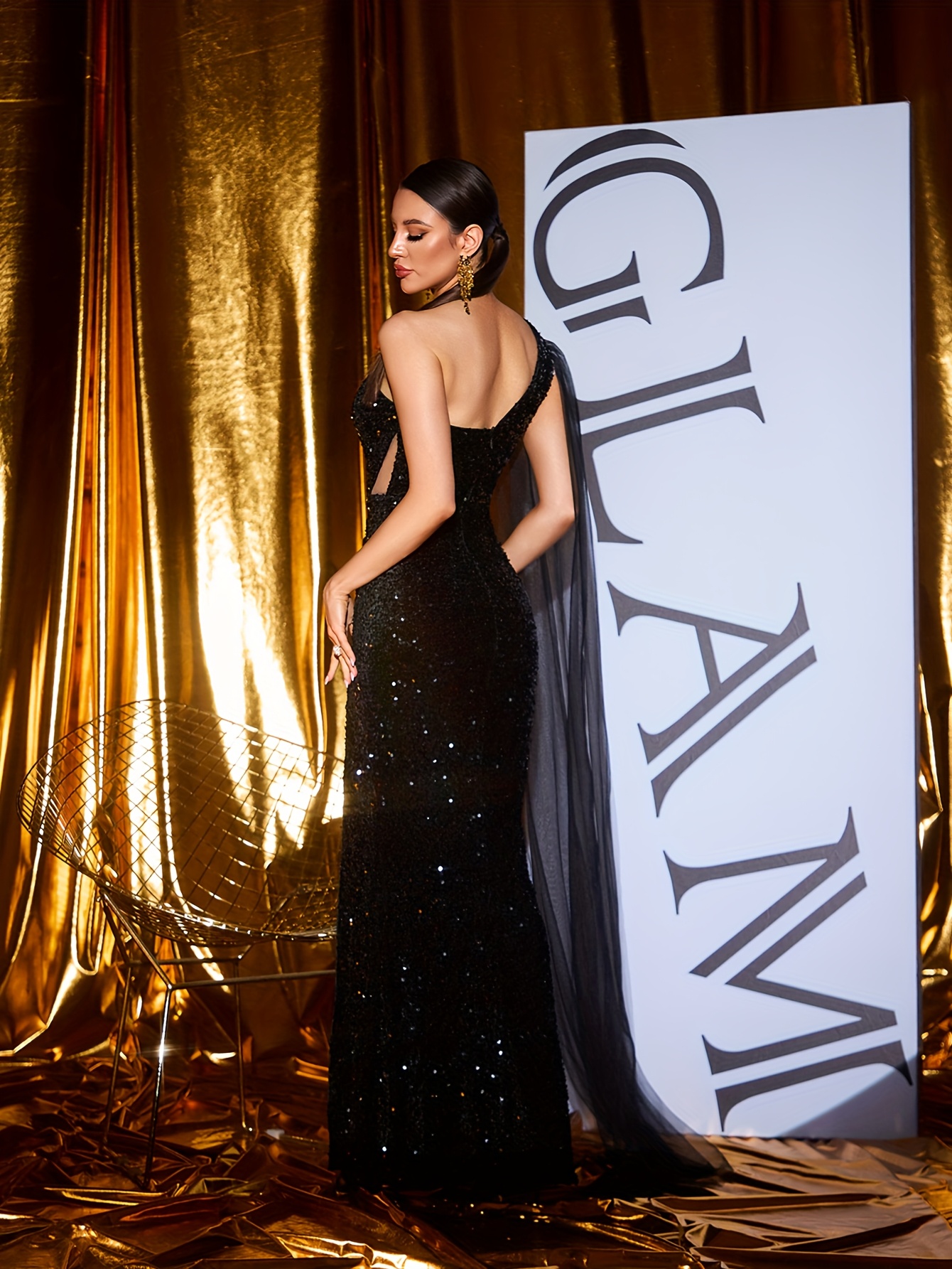 black sequin asymmetrical one shoulder evening gown women's - Temu Ireland