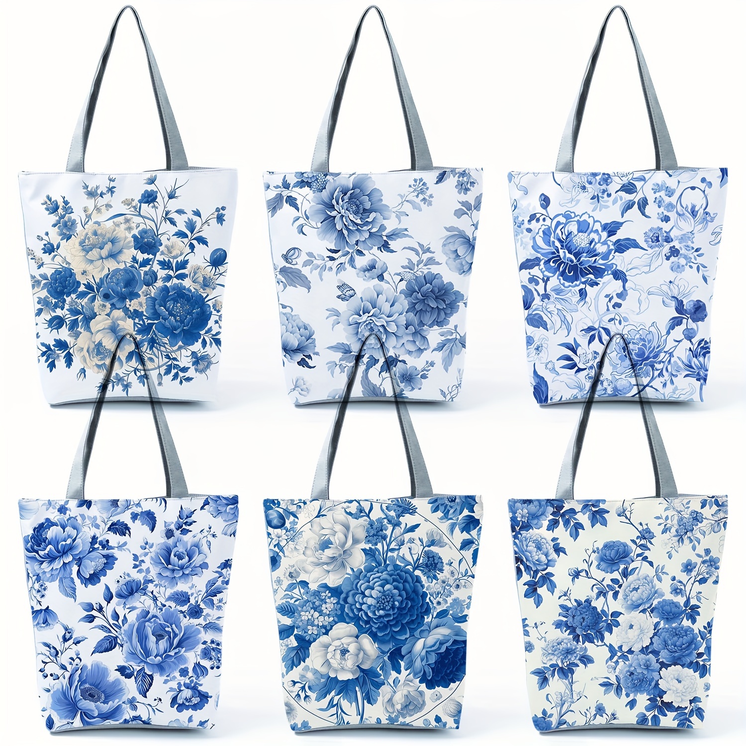 

Floral Tote Bag, Blue And White Porcelain Print, Women's Shoulder Bag, Shopping Bag, Beach Travel, Chinese Style Flower Printed Handbag