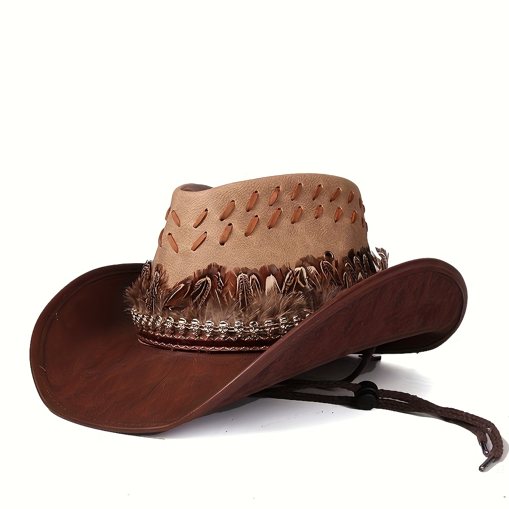 feather trimmed vintage cowboy hat faux leather wide brimmed  display picture 2