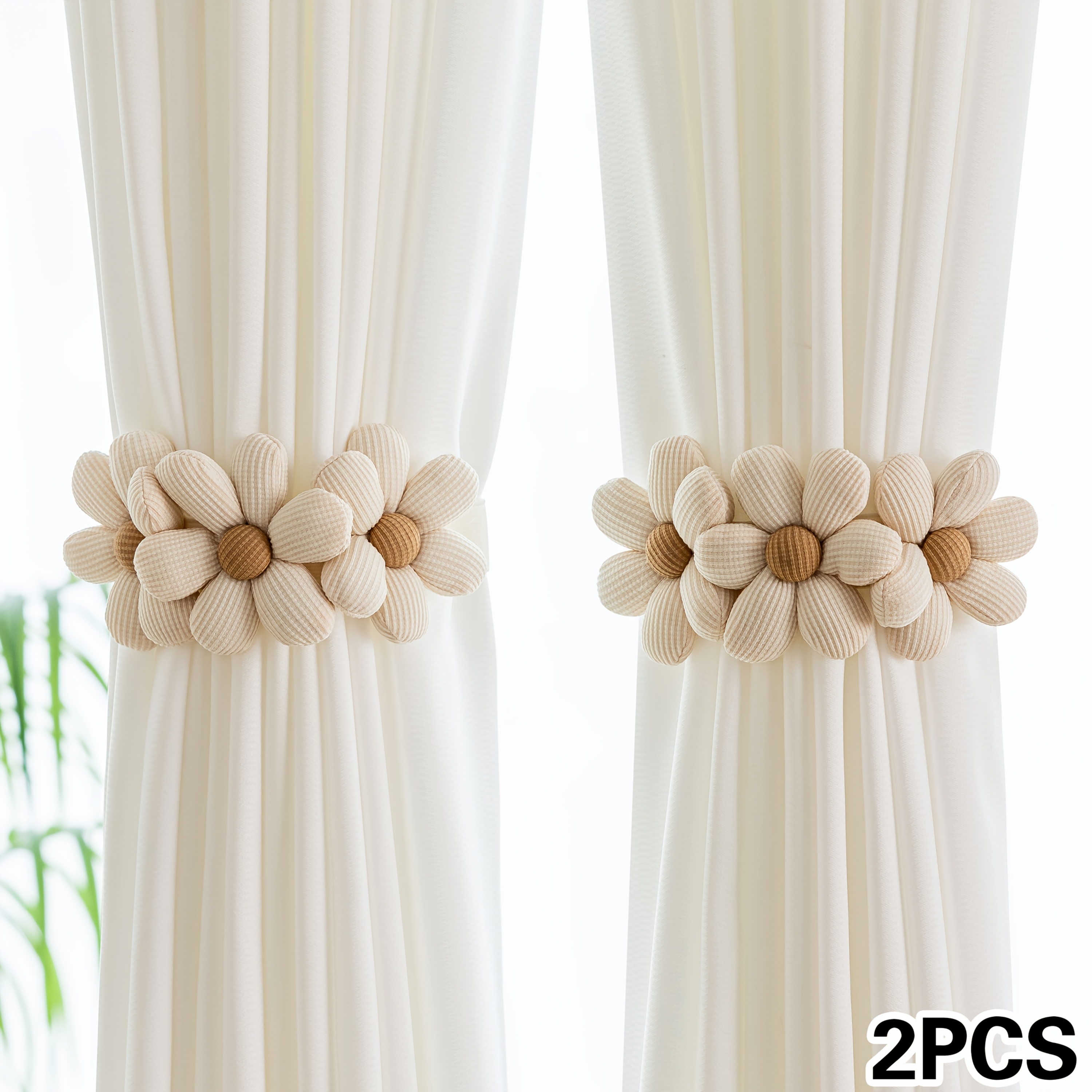 TEMU 2pcs Beige And Curry 3 3d Floral Adjustable Snap Curtain Tiebacks, Bohemian Style No Holes To Punch Elastic Curtain , No Drilling To Install