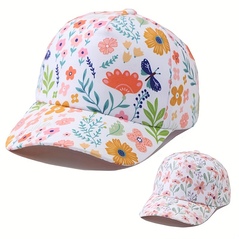 

Cute Floral Print Baseball Cap For Girls, Cotton Sun Protection Hat With Stretch Fit, Hand Washable, All-season, Perfect For Birthdays - Ages 3-14