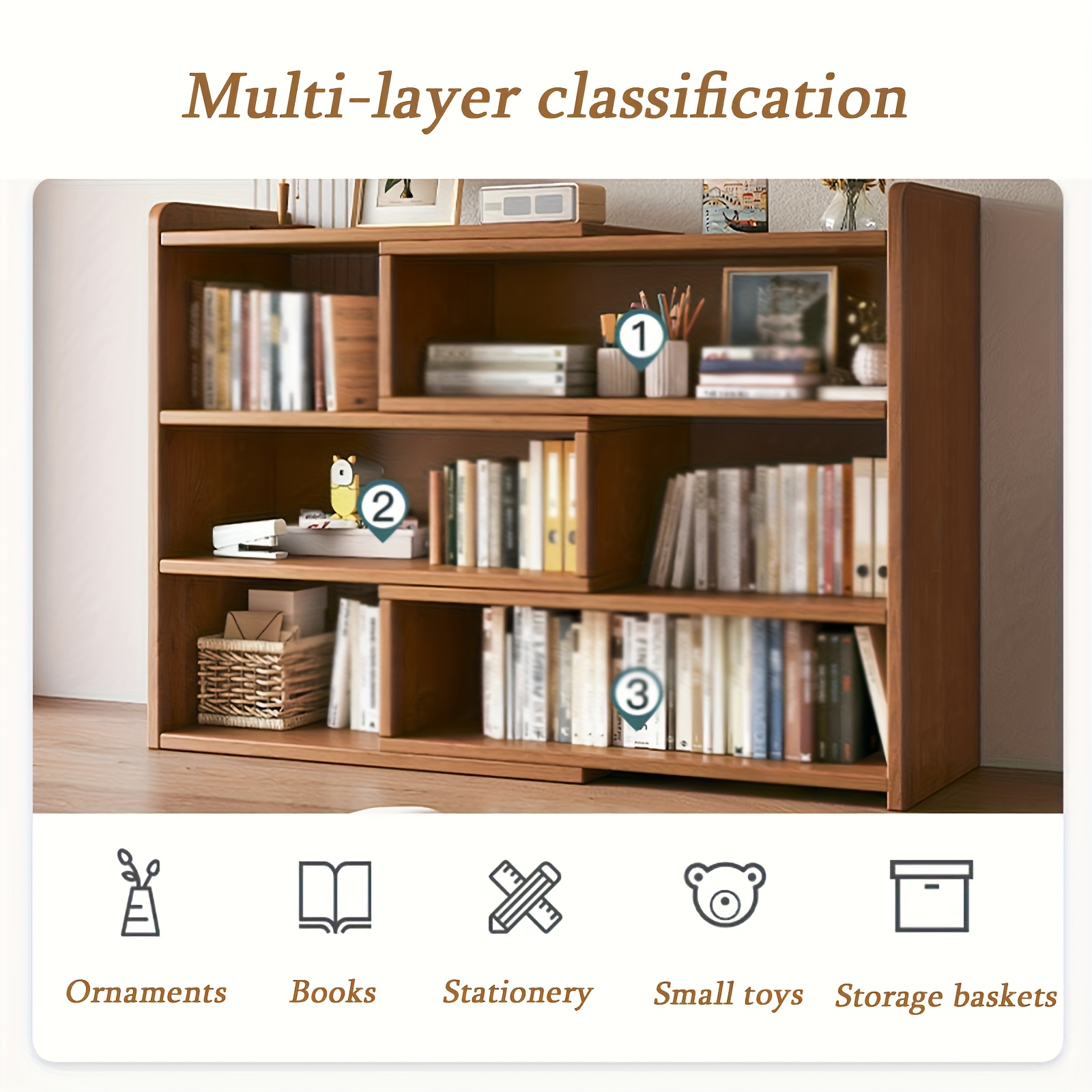 3 tier wooden desktop bookshelf vertical storage organizer for office and wood bookshelf for books and accessories freestanding design independent structure bookshelve details 7