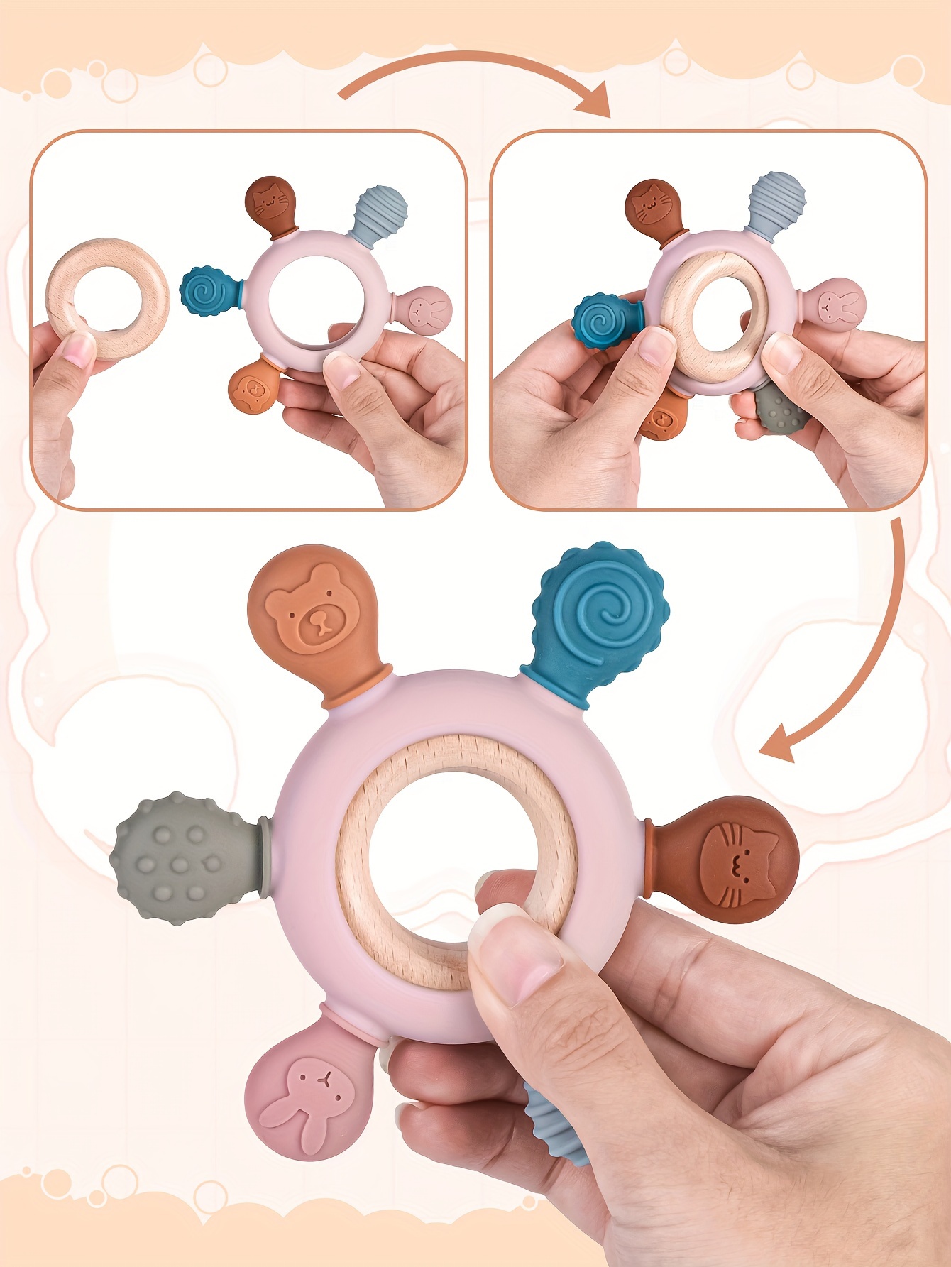 tyry hu bpa free silicone teething toy with wooden ring safe non toxic   teether for christmas thanksgiving gifts details 2