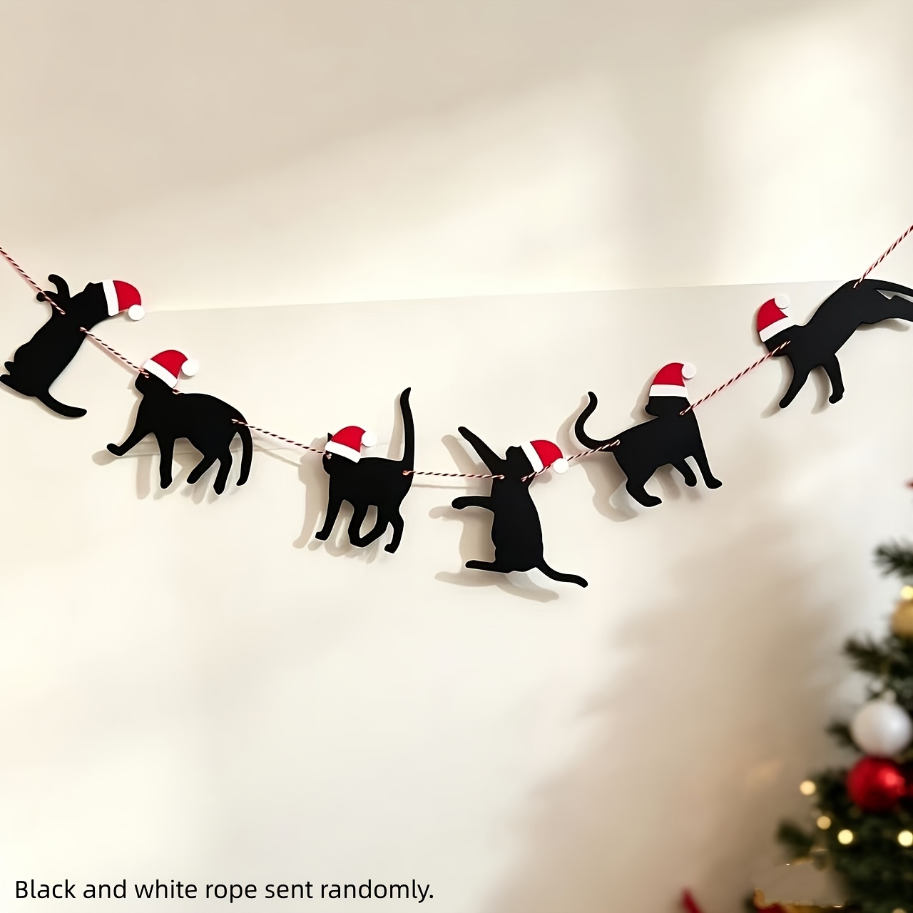 TEMU 1/2/3pcs, Christmas Black Cat Garland With Santa Hat Xmas Wall Hanging Banner Pet Cat Silhouette Bunting For Home Window Fireplace Christmas