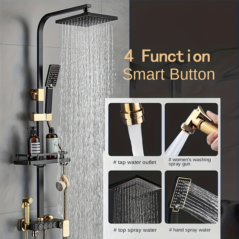 Luxury Black Golden Square Shower Head - Wall-Mounted with Extension Rod, 4 Adjustable Spray Settings, Stainless Steel & Painted Finish, Dual Function Controls for Full Body Coverage, No Electricity Needed