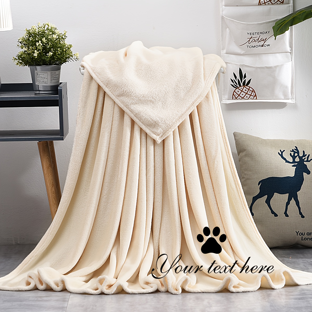TEMU Personalized Pet Blanket With Name & Paw Print - Bedspread, Machine Washable Soft Furry-like Texture, Paw Print & Name Embroidery For