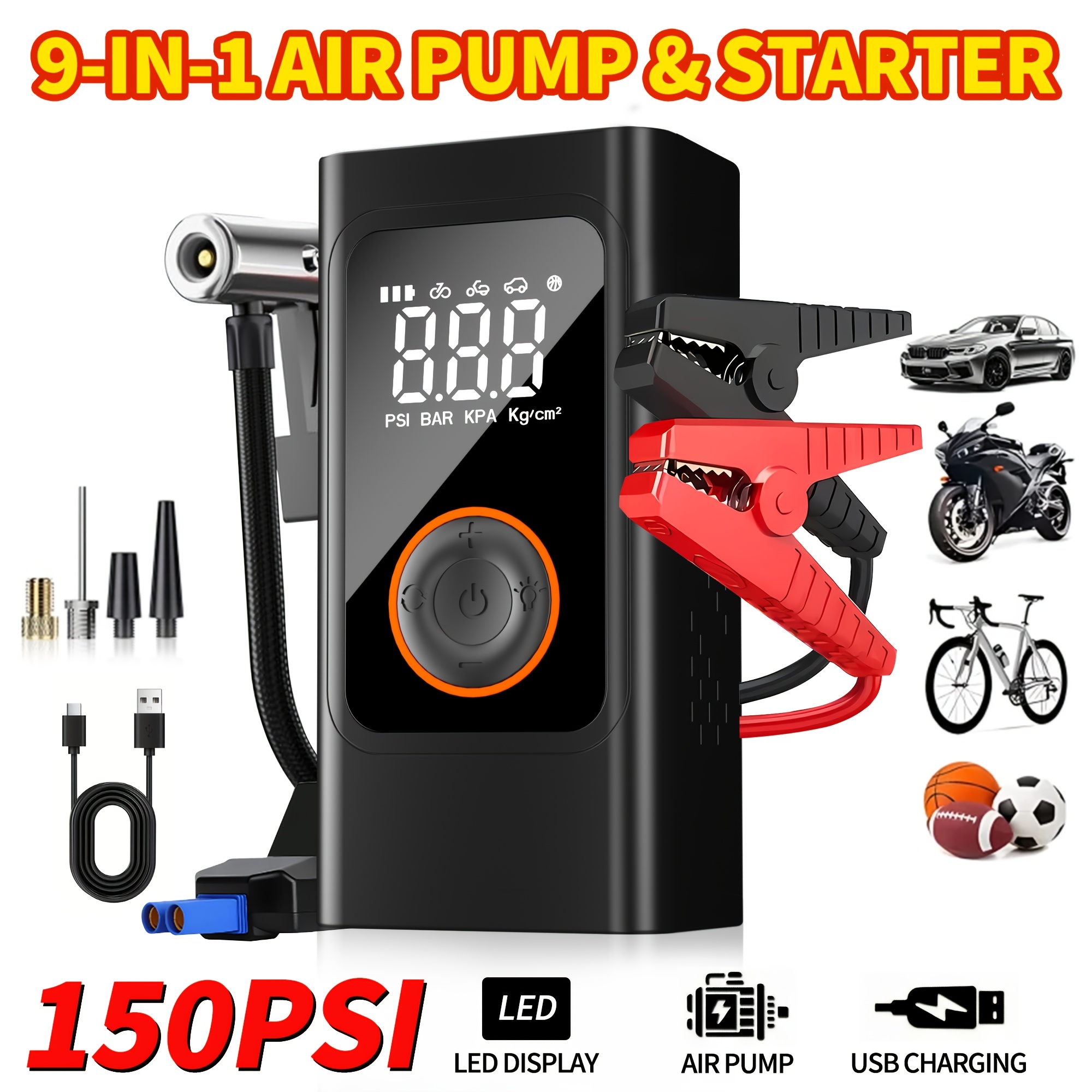 E-shop 10000A Tragbarer kabelloser Auto-Starthilfe mit Luftkompressor, Batterie-Starthilfe , Auto-Batterieladegerät für 12V (8.0 /5.0 Gal Diesel) Auto