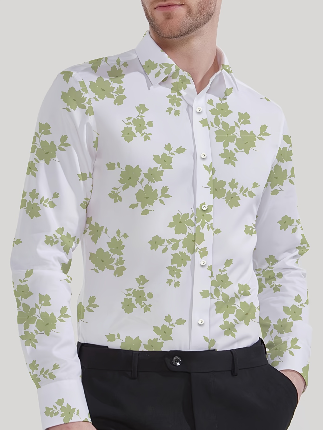 slim fit dress slacks Green Floral Silk Dress Shirt 3XL main image 0