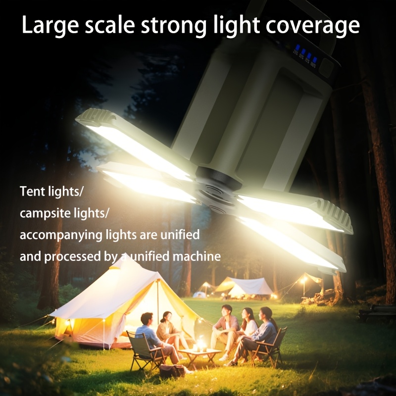 Portable rechargeable solar camping light, rechargeable flashlight, six lighting modes, portable hanging tent light, six lighting modes, foldable clover LED floodlight. Suitable for camping, hiking, traveling, fishing, emergency situations, gifts.