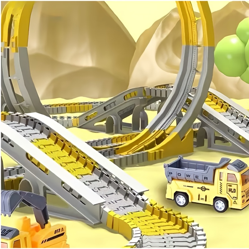 Toy Construction Track SetIncludes 2 Electric Vehicles And 4 Construction VehiclesBattery-powered (non-rechargeable)Orange Plastic Tracks Suitable for Kids Aged 3-6Perfect Christmas Gift