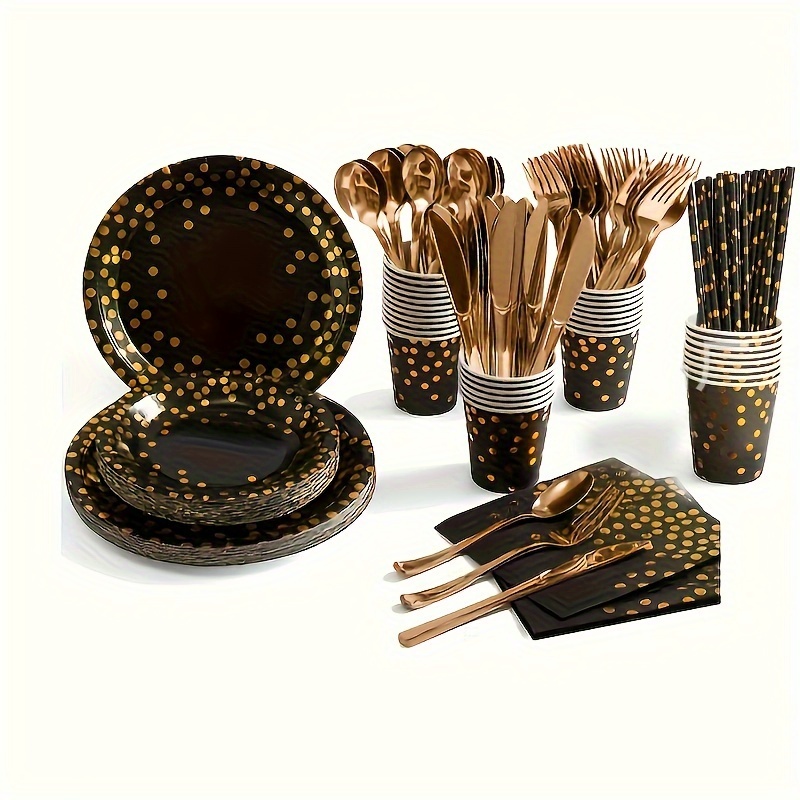 

80pcs, Paper Tray Set In Black And Golden, With Straw Tableware For Birthday, Wedding, Anniversary Decoration, Party Tableware