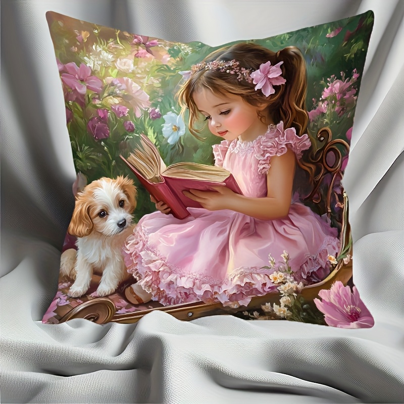 TEMU 1pc Short Plush French Style Cute Girl And Dog Illustration Pillowcase, 17.72 X 17.72 Inches, Zipper Closure Machine Washable, For Living Room