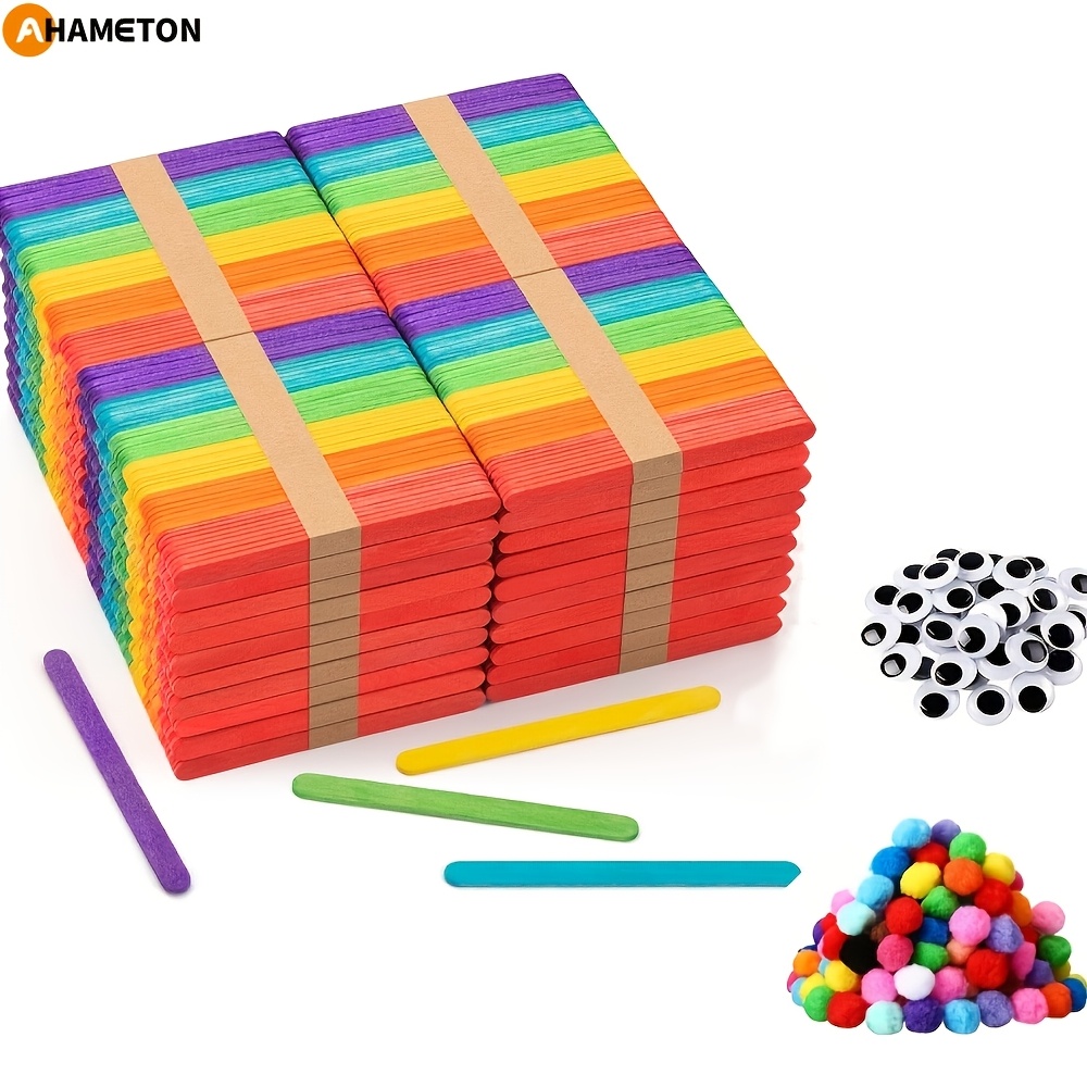 200pcs colored   sticks 100pcs pompoms and 50pcs wiggle eyes for c fts colored wooden c ft sticks ice cream sticks  ow   sticks non food contact ideal for diy c ft   and handic fts