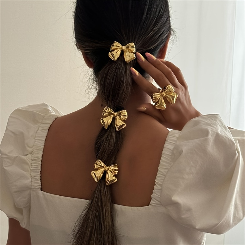 

1pièce Élastique à cheveux en vintage avec perles d' et design de nœud, corde à cheveux de style français , accessoire à cheveux en métal pour femmes, bande à cheveux florale douce, pièce unique