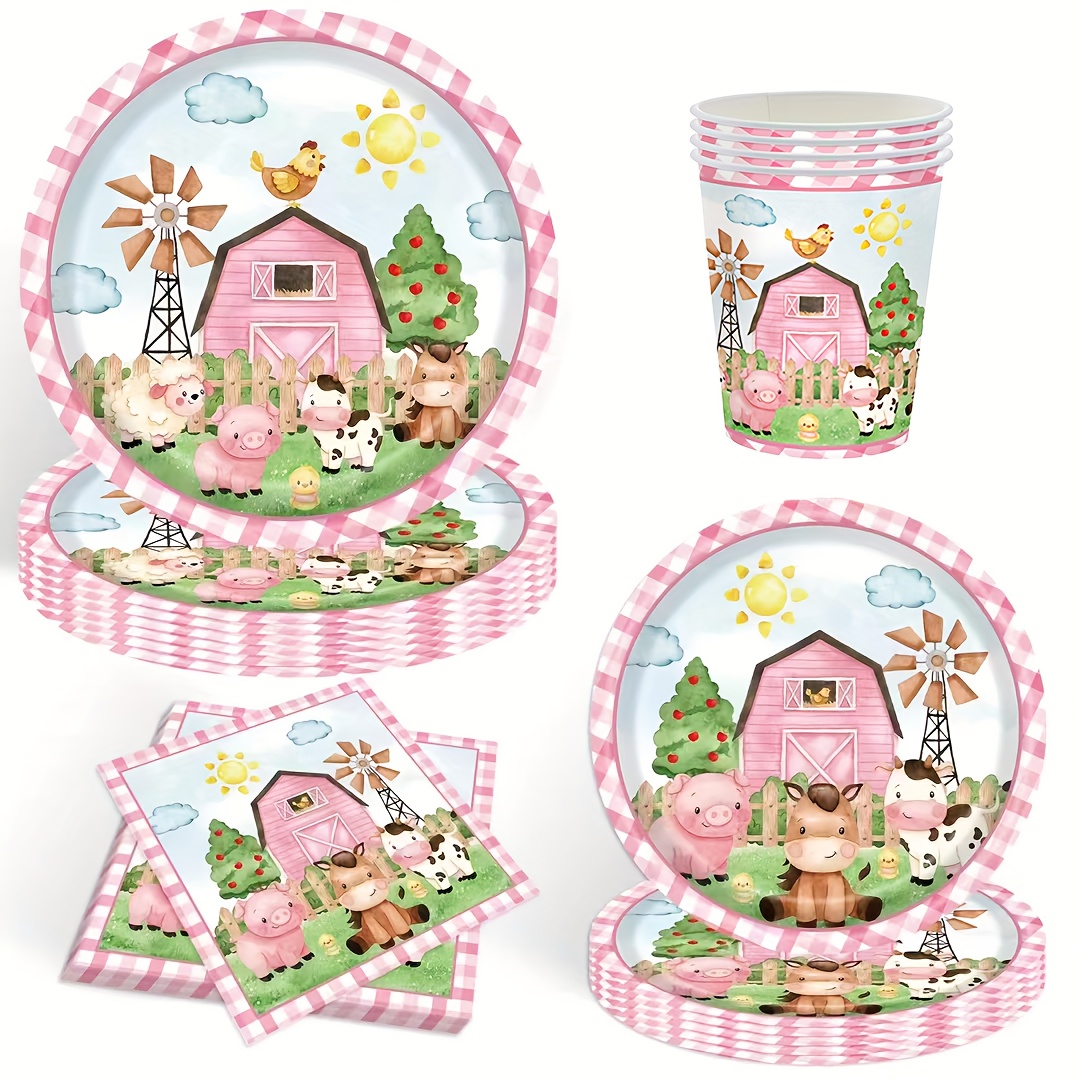 Set Of 68 Pink Farm Animal-themed Party Supplies Including Dessert Plates, Dinner Plates, Paper Cups, And Napkins For Decorating Tables At A Barn Animal Birthday Celebration