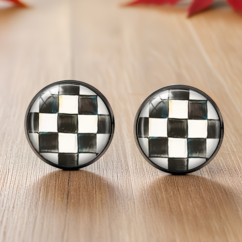 1 Pair Chessboard Black Stud Earring Round Glass Cabochon Earrings Handmade Jewelry