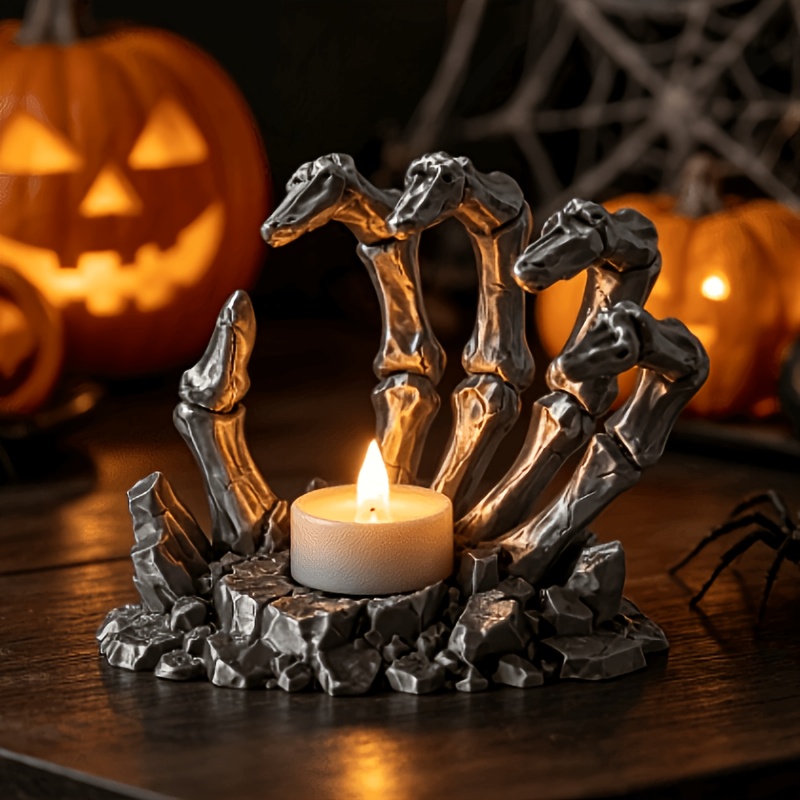TEMU Skeleton Hand Candle Holder, Bone Shape Tabletop Figurine, Gothic Halloween Dark Decor, Vintage Spooky Room Ornament, Gaming Study Desk Display,