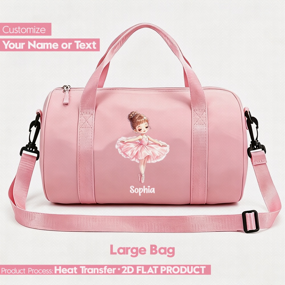 TEMU Customizable Heat Transfer Dance Duffel Shoulder Bag, Pink With Cute Ballerina Print And Personalized Name, Options , Fashion For Dance, Sports,