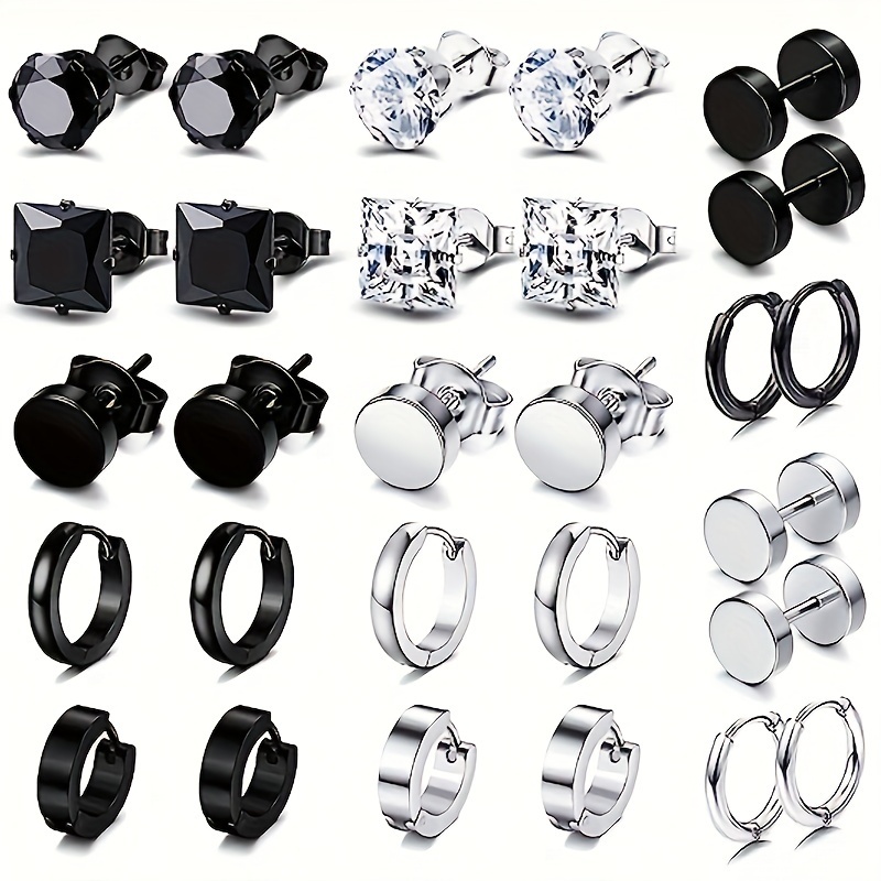 

14 Pairs Earrings For Men Black Earrings Mens Earrings Stainless Steel Stud Earrings For Women Huggie Hoop Earrings Set