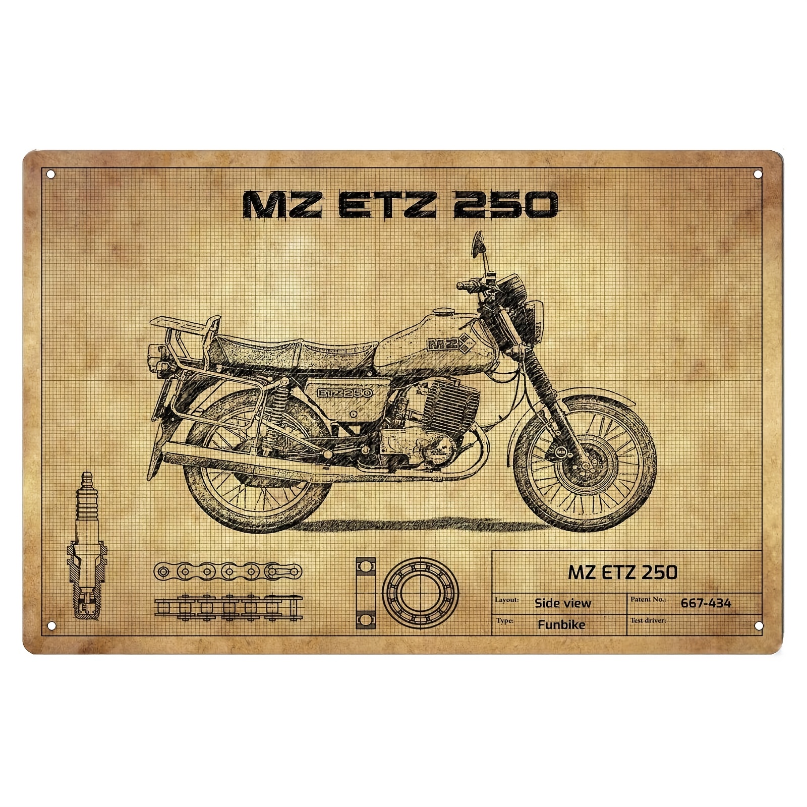 

Motorcycle Metal Tin - Iron , Pre-drilled, , , Mz Etz 250 Art, 8x12 - 1pc Set