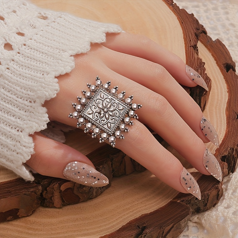 TEMU Anillo Cuadrado Vintage para Mujer - Aleación de , Ajuste Ajustable, para Uso Diario y Regalos