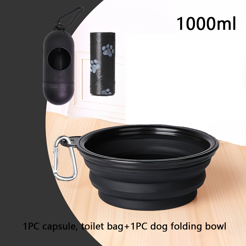 3pcs (1pc Dog Travel Folding Bowl And 1pc Capsule And 1roll Toilet Bag), 350/1000ml Black Frame Foldable Dog Bowl, Snacks, Water, Dog Basin, Outdoor Travel Pet Dog Food Utensils