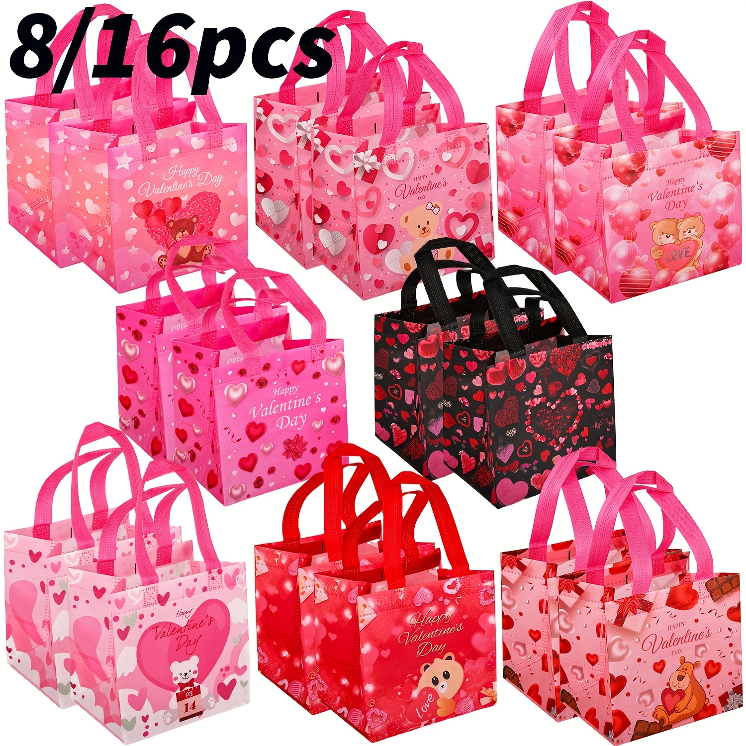 

8/16 Pack Valentine's Day Gift Bags With Handles, Reusable Non-woven Tote Bags, Heart , 8x8x6 Inches, Ideal For Anniversary & Valentine's Celebrations