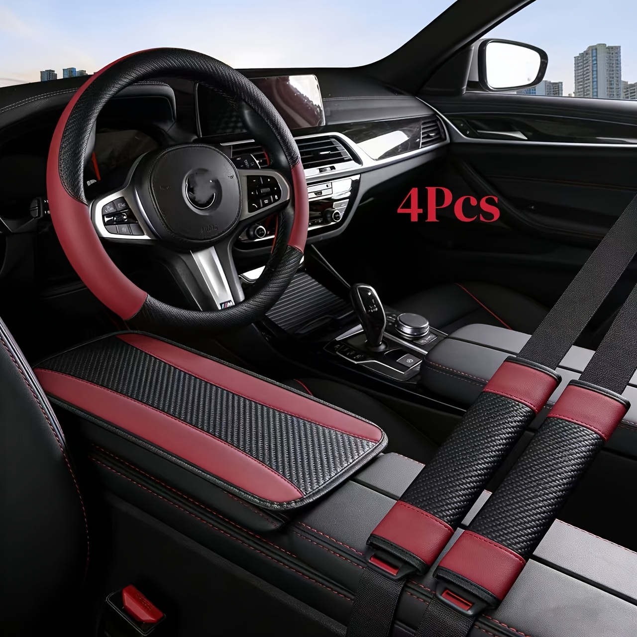 TEMU Ensemble de 4 pièces noires et rouges pour de voiture, comprenant un couvercle de volant en fibre de carbone texturée, un coussin d'accoudoir de