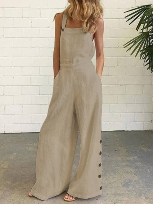 womens wide leg overalls casual solid neck sleeveless pants jumpsuit with pockets for summer