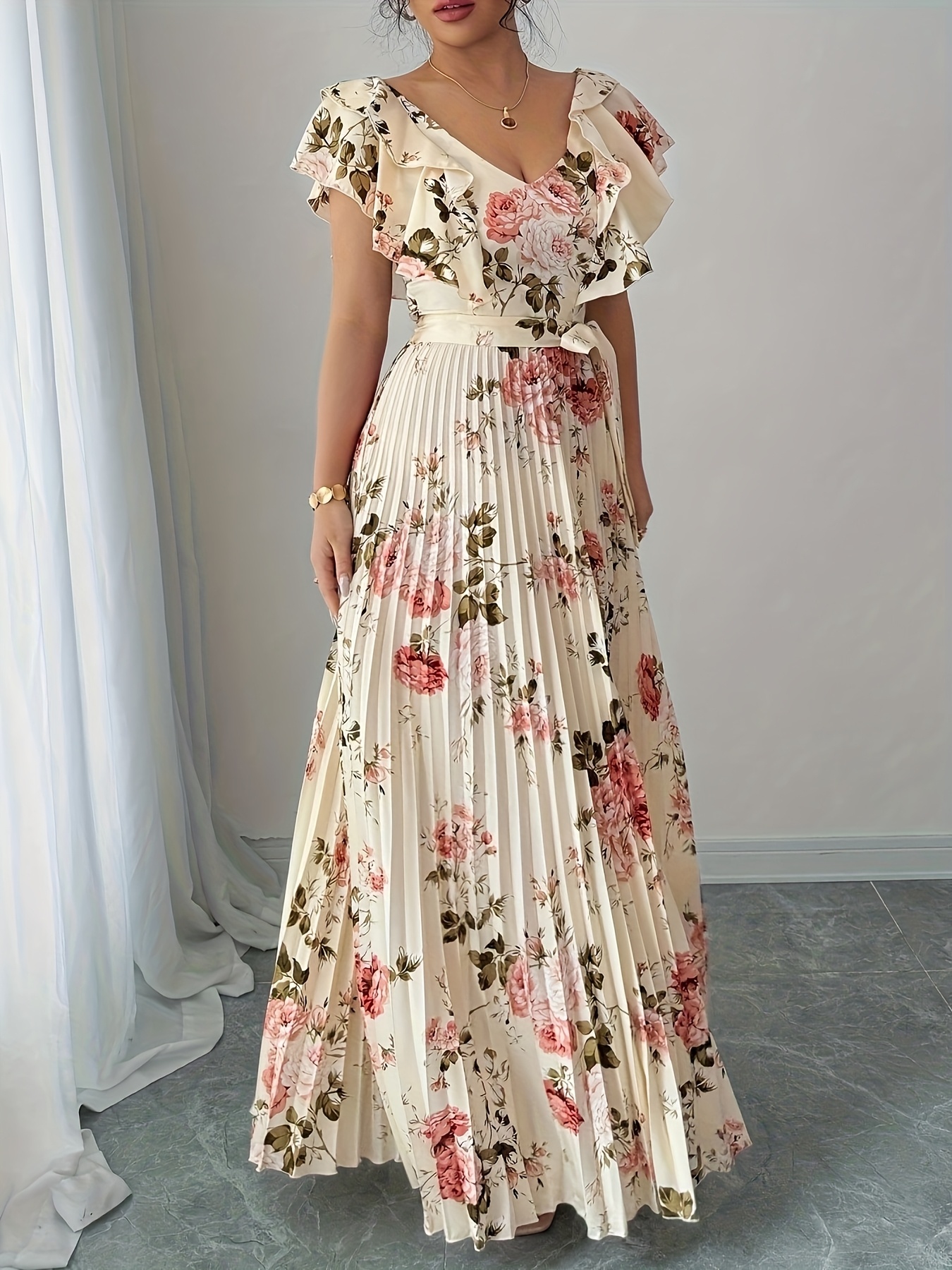 Elegant and Romantic V-neck Dress Featuring * Floral Print * Waistband, and  A-line Silhouette * Vacation Wear
