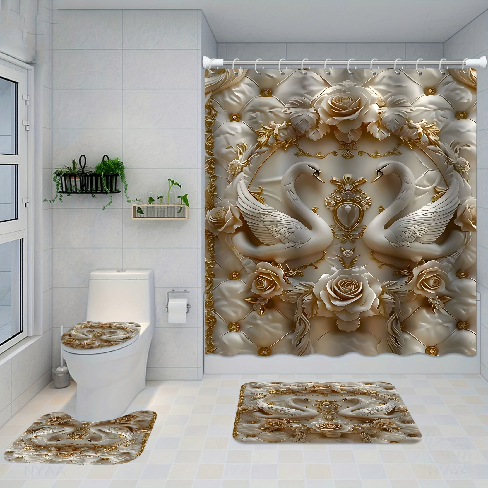 

4pcs Luxurious 3d Swan Embossed Pearl Print Shower Set - Non-slip Floor Mat, Toilet Lid, Bathroom Mat, 12 Hooks - Arts Decorative Bathroom Accessories For Home Decoratio